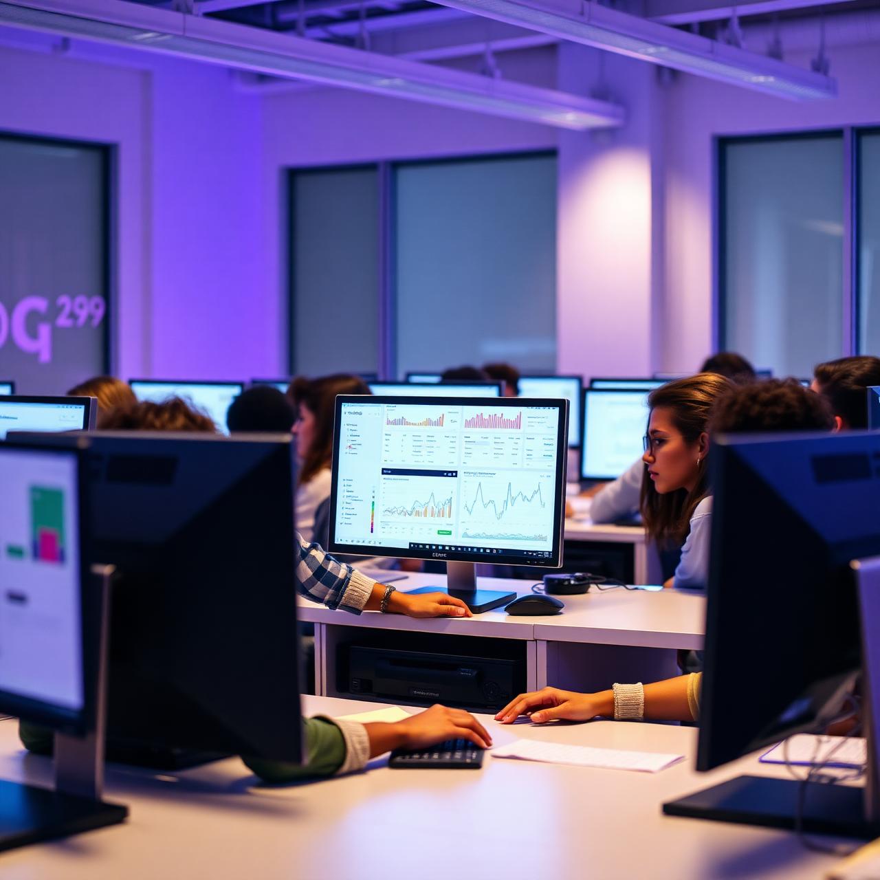 Students running digital marketing campaigns in modern computer lab